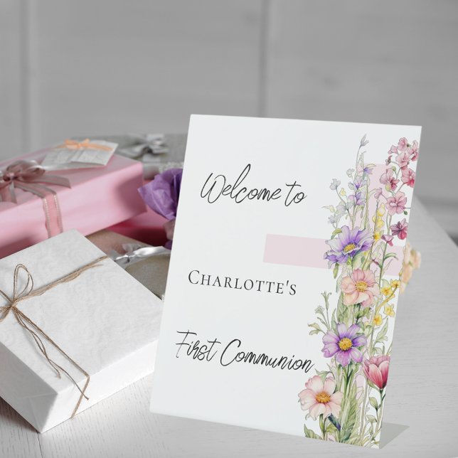 Erste Kommune Rosa Blumenmuster Kreuz Begrüßungsze Sockelschild (Von Creator hochgeladen)