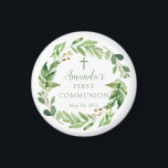 Erste Kommune Soft Green Leaf Magnet<br><div class="desc">Schönes handgemaltes Aquarelldesign mit einem weichen grünen Blattkranz und Kreuz.</div>