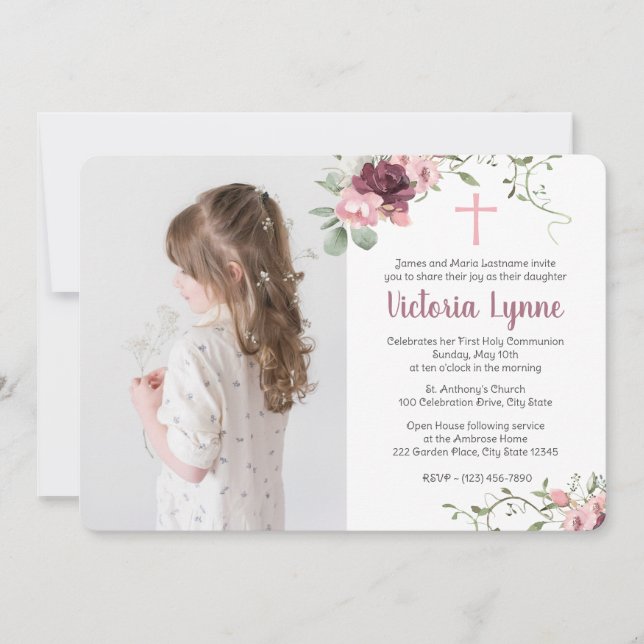 Erste Kommune Weichrosa Blüte mit Foto Einladung (Vorderseite)