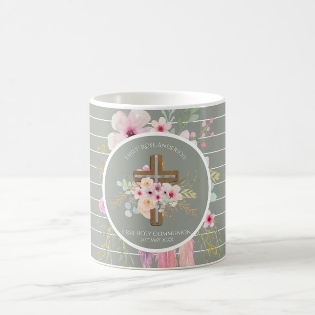 Erste Kommunion Blumenkreuz Girls Sage Pink Kaffeetasse (Mittel)