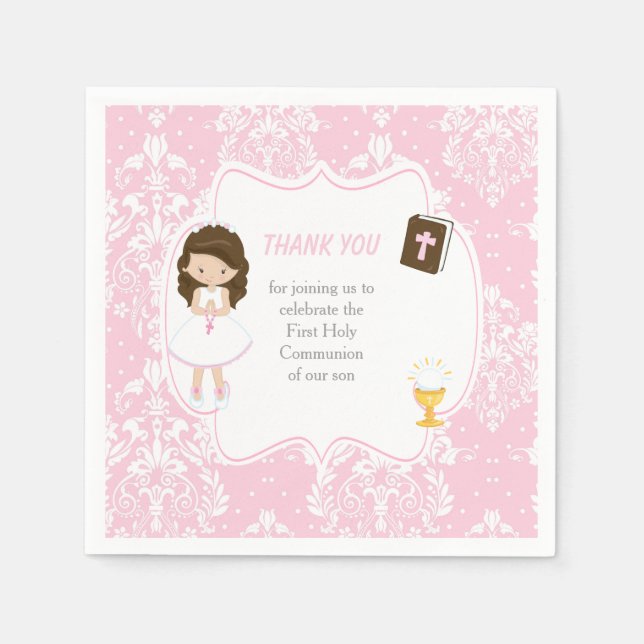 Erste Kommunion Brünett Hair Girl Danke Serviette (Vorderseite)