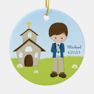 Erste Kommunion, brünetter Junge Keramik Ornament