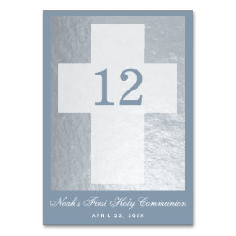Erste Kommunion Cross Dusty Blue Imitats Silberboy Tischnummer