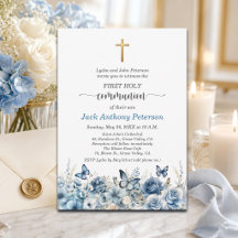 Erste Kommunion des Jungen Goldkreuz Blaue Blumen