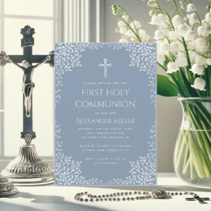 Erste Kommunion Dusty Blue Elegant Silver Blätter Einladung