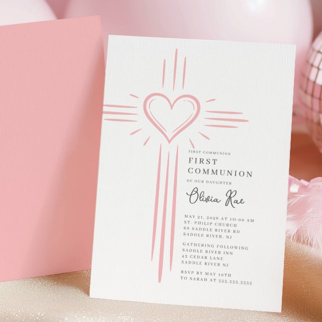 Erste Kommunion Einladung mit rosa Herz Kreuz (Von Creator hochgeladen)
