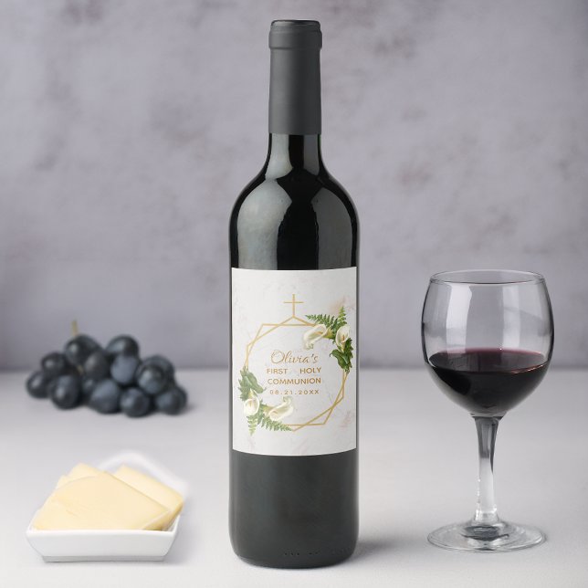 Erste Kommunion Gold Marmor Calla Lilies Floral Weinetikett (Von Creator hochgeladen)