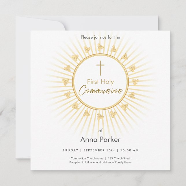 Erste Kommunion Gold mit Kreuz, Einladung (Vorderseite)