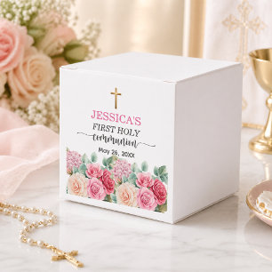 Erste Kommunion Goldkreuz Rosen Floral für Mädchen Geschenkschachtel