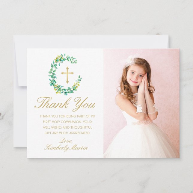 Erste Kommunion Greenery Wreath Gold Cross Foto Dankeskarte (Vorderseite)