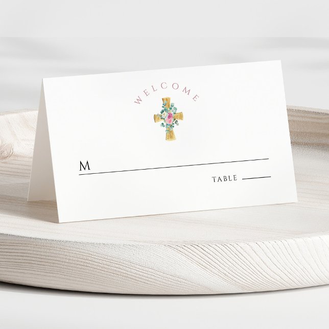 Erste Kommunion in Rosa Platzkarte (Front - Pink Floral Cross First Communion Place Card)
