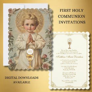 Erste Kommunion Jesus Floral Vintage Einladung