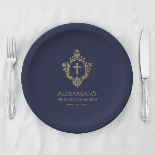 Erste Kommunion Junge Navy Blau Goldenes Wappen El Pappteller