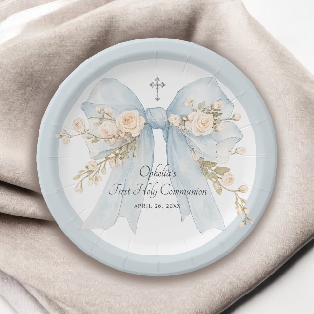 Erste Kommunion Mädchen Dusty Blau Floral Bogen Pappteller (Von Creator hochgeladen)