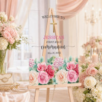 Erste Kommunion Mädchen Goldkreuz Rosen Floral
