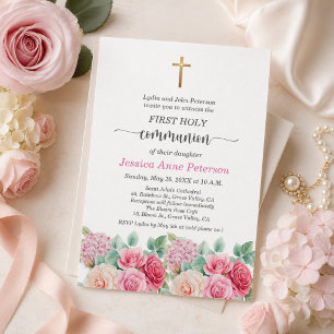 Erste Kommunion Mädchen Goldkreuz Rosen Floral Einladung