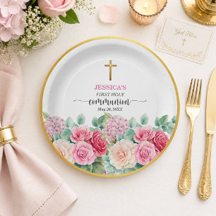 Erste Kommunion Mädchen Goldkreuz Rosen Floral Pappteller