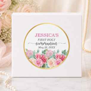 Erste Kommunion Mädchen Goldkreuz Rosen Floral Runder Aufkleber