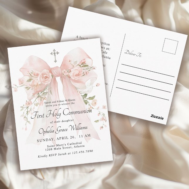 Erste Kommunion Mädchen Rosa Floral Bogen Postkarte (Von Creator hochgeladen)