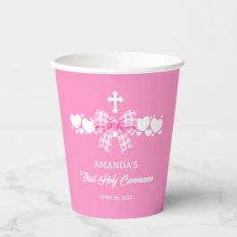 Erste Kommunion Mädchen Rosa Gingham-Schleife Pappbecher