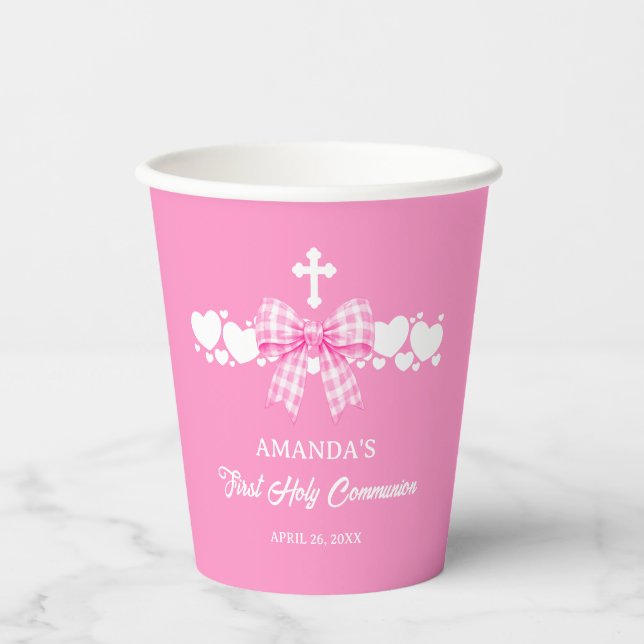 Erste Kommunion Mädchen Rosa Gingham-Schleife Pappbecher (Vorderseite)