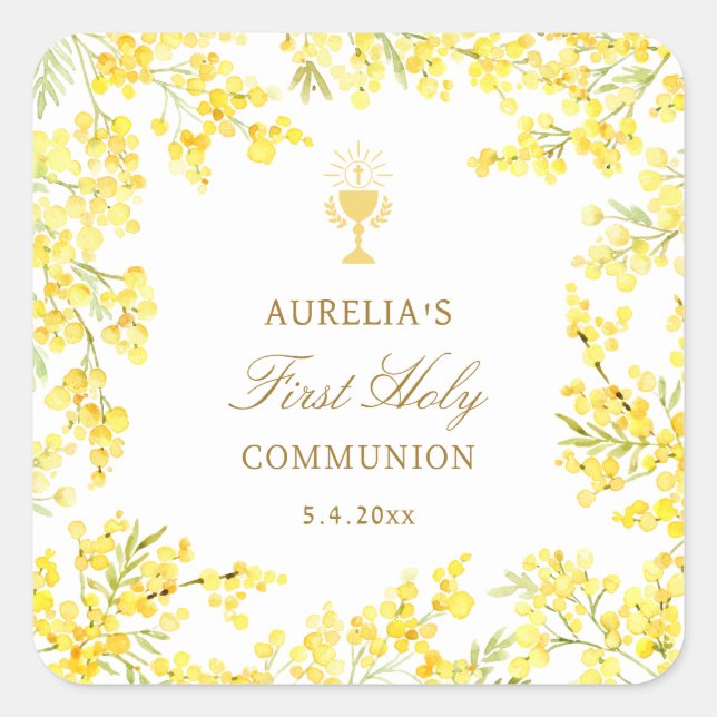 Erste Kommunion Mimosa Quadratischer Aufkleber (Vorderseite)