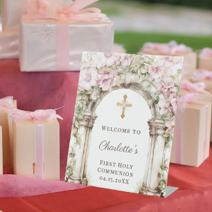 Erste Kommunion Rosa Blumenbogen Kreuz Willkommen Sockelschild