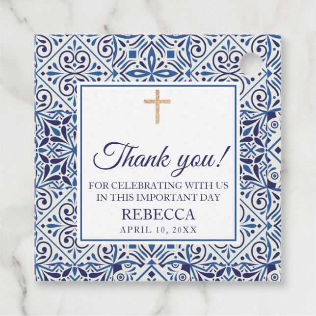 Erste Kommunion, Taufe blaue Tiles Geschenkanhänger (Rückseite)