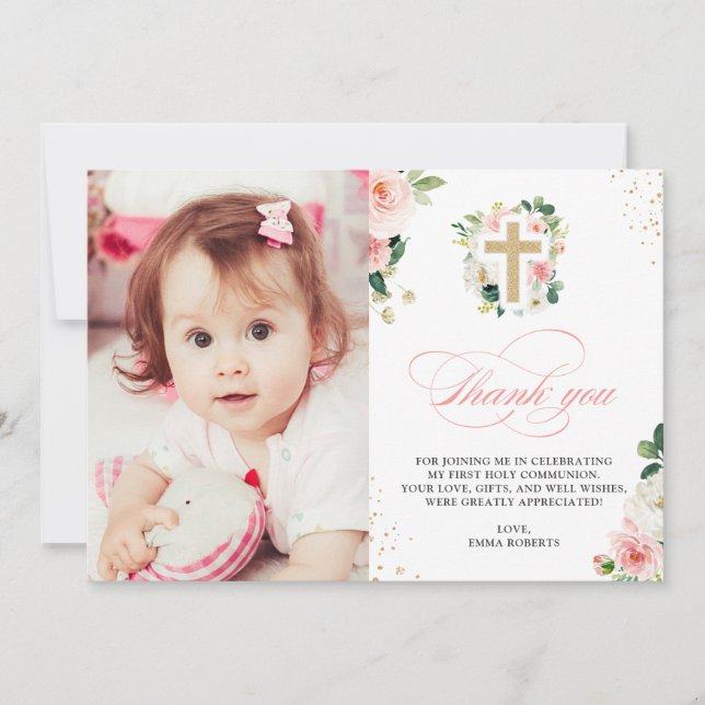 Erste Kommunion Taufe Religiöse Blush Pink Gold Dankeskarte (Vorderseite)