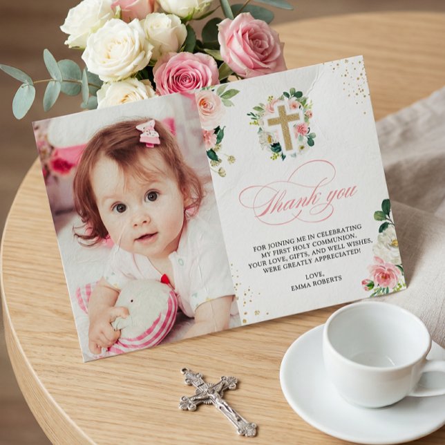 Erste Kommunion Taufe Religiöse Blush Pink Gold Dankeskarte (Von Creator hochgeladen)