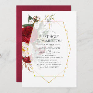 Erste Kommunion über Burgundy & White Floral Geome Einladung