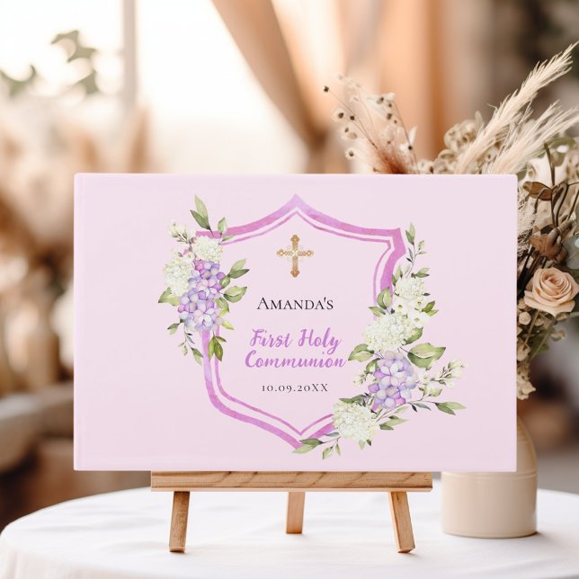 Erste Kommunion Wappen pink lila Blumenmädchen Gästebuch (Von Creator hochgeladen)