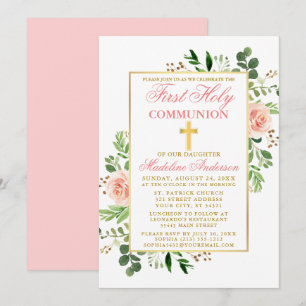 Erste Kommunion Wasserfarbe Rosengrün Einladung