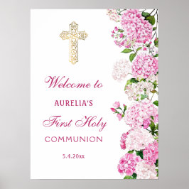 Erste Kommunion Willkommen mit rosa Hortensie Poster