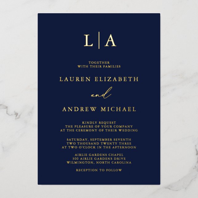 Erste Minimalistische Hochzeit der Navy Gold Foil  Folieneinladung (Vorderseite)