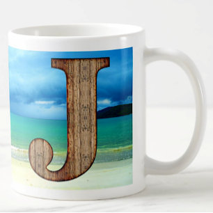 Erste Monogram Holzbuchstabe J Beach Ocean Scene Kaffeetasse