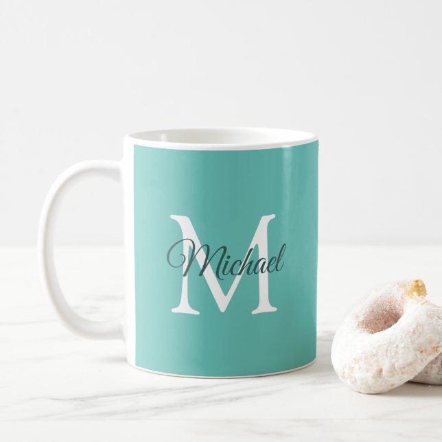 Erste Monogram Vorlage Aquamarin Weiß Trendy Moder Kaffeetasse (Mit Donut)