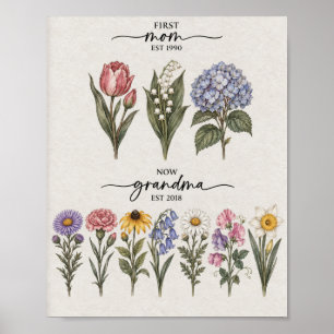 Erste Mutter an Oma Weiße und Rosa Geburtsblume P Poster