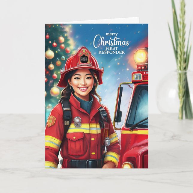 Erste Reaktion Asiatische Feuerwehrfrau Weihnachte Feiertagskarte (Vorderseite)