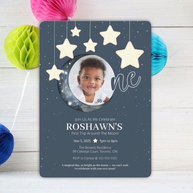 Erste Reise um den Mond zum Geburtstag Einladung (Celebrate your little star’s first trip around the moon with this magical invitation!)