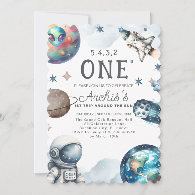 Erste Reise um den Sonnenastronaut zum Geburtstag Einladung (Vorderseite)