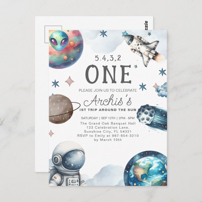 Erste Reise um den Sonnenastronaut zum Geburtstag Postkarte (Vorne/Hinten)