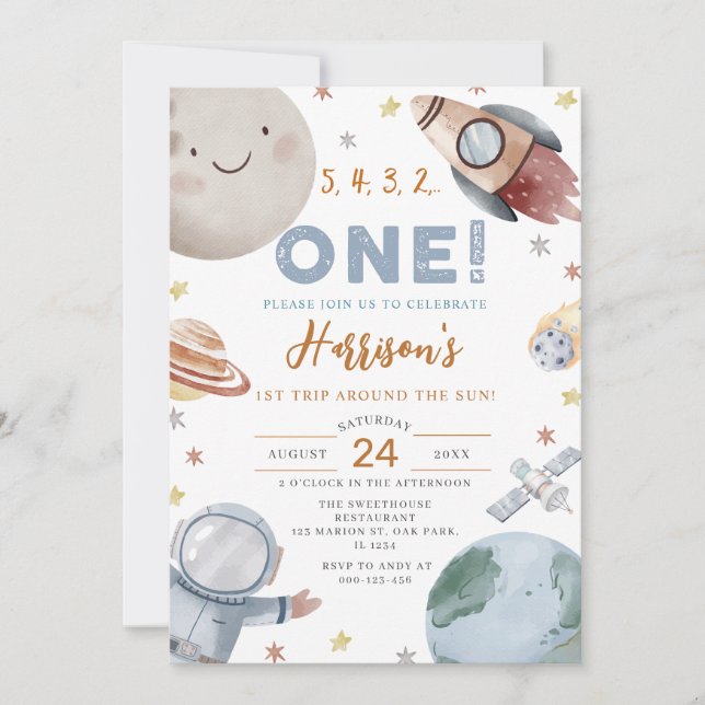 Erste Reise um den Sonnenraum 1. Geburtstag Einladung (Vorderseite)