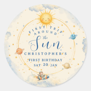 Erste Reise um die Sonne Erster Geburtstag Runder Aufkleber