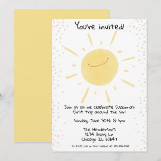 Erste Reise um die Sonne glücklich gelb Geburtstag Einladung