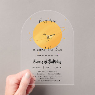 Erste Reise um die Sonne Papierflugzeug Geburtstag Acryleinladungen