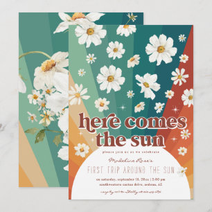 Erste Reise um die Sonne   Retro Daisy Rainbow Einladung