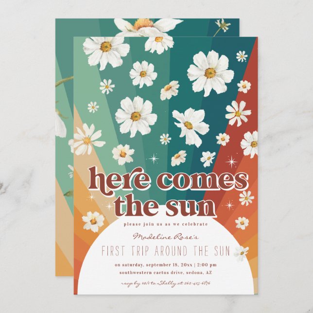 Erste Reise um die Sonne | Retro Daisy Rainbow Einladung (Vorne/Hinten)