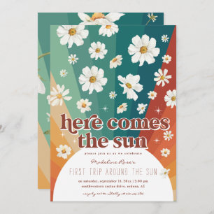Erste Reise um die Sonne   Retro Daisy Rainbow Einladung