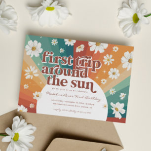 Erste Reise um die Sonne   Retro-Gänseblümchen-Reg Einladung